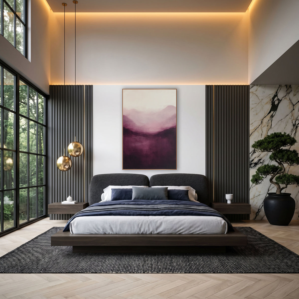 Aubergine Misty Mountains Abstract Landscape wall art in an elegant modern room – abstract misty mountain landscape