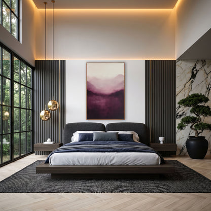Aubergine Misty Mountains Abstract Landscape wall art in an elegant modern room – abstract misty mountain landscape