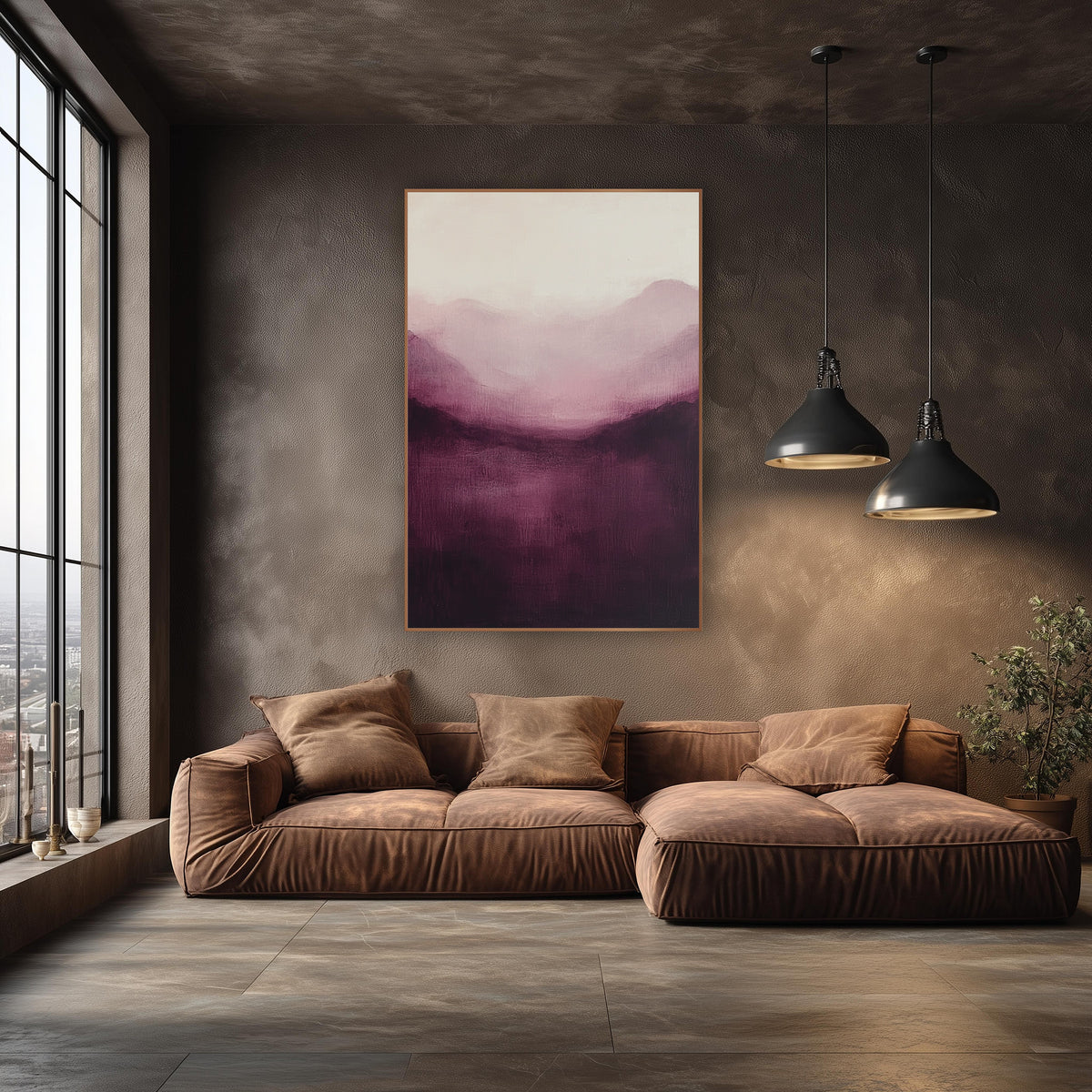Aubergine Misty Mountains Abstract Landscape wall art in an elegant modern room – abstract misty mountain landscape
