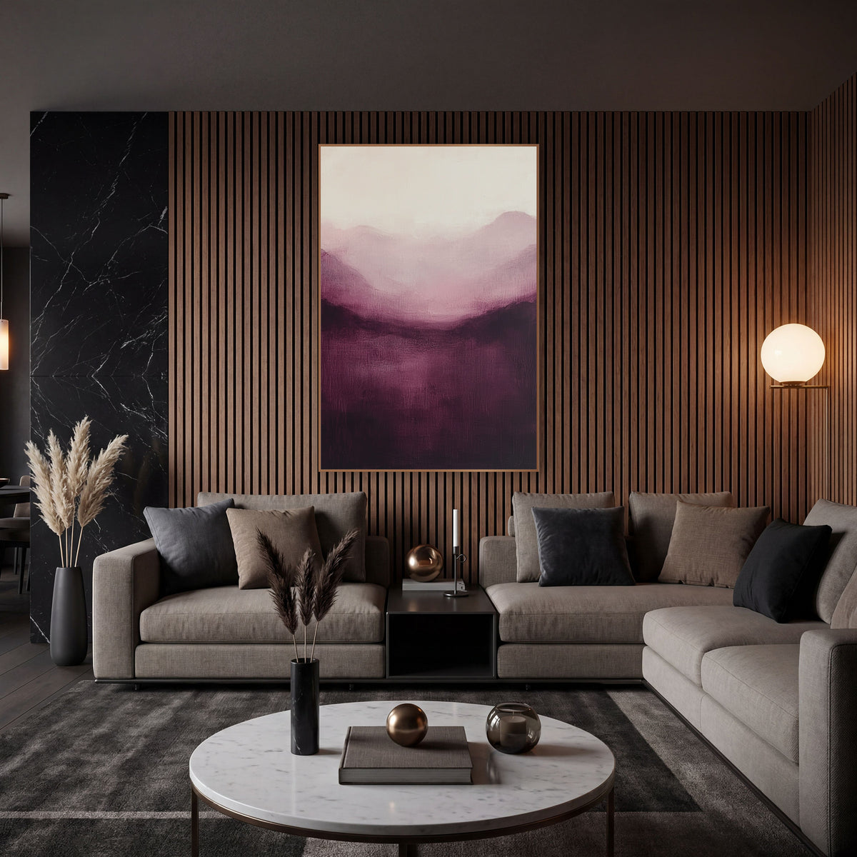 Aubergine Misty Mountains Abstract Landscape wall art in an elegant modern room – abstract misty mountain landscape
