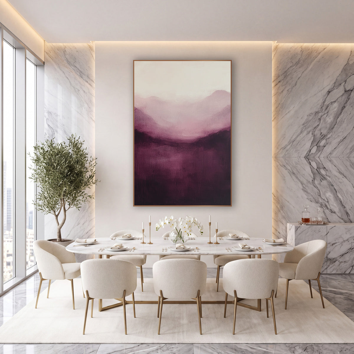 Aubergine Misty Mountains Abstract Landscape wall art in an elegant modern room – abstract misty mountain landscape