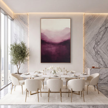 Aubergine Misty Mountains Abstract Landscape wall art in an elegant modern room – abstract misty mountain landscape
