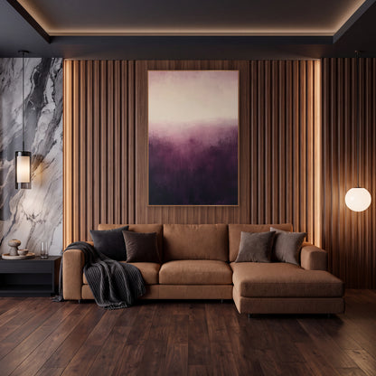 Aubergine Dusk Glow Abstract wall art in an elegant modern room – abstract artwork with deep aubergine fading upward
