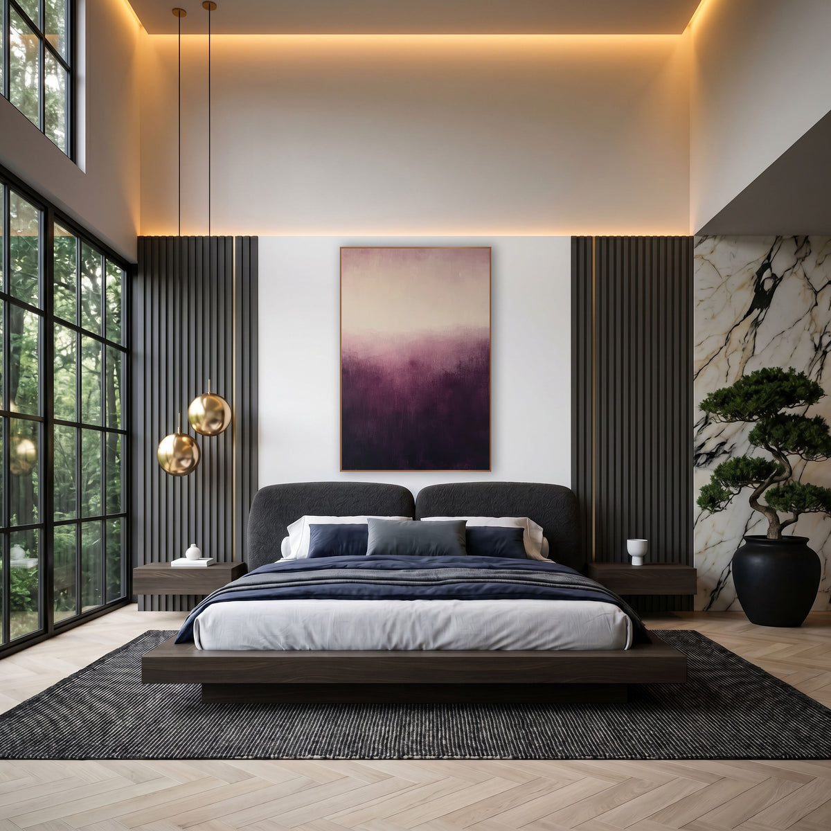 Aubergine Dusk Glow Abstract wall art in an elegant modern room – abstract artwork with deep aubergine fading upward