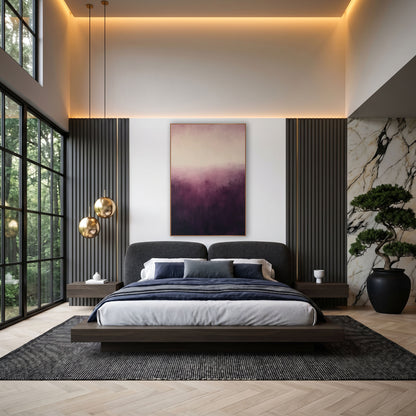 Aubergine Dusk Glow Abstract wall art in an elegant modern room – abstract artwork with deep aubergine fading upward