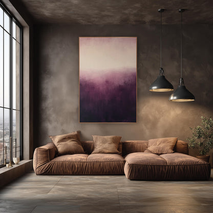 Aubergine Dusk Glow Abstract wall art in an elegant modern room – abstract artwork with deep aubergine fading upward