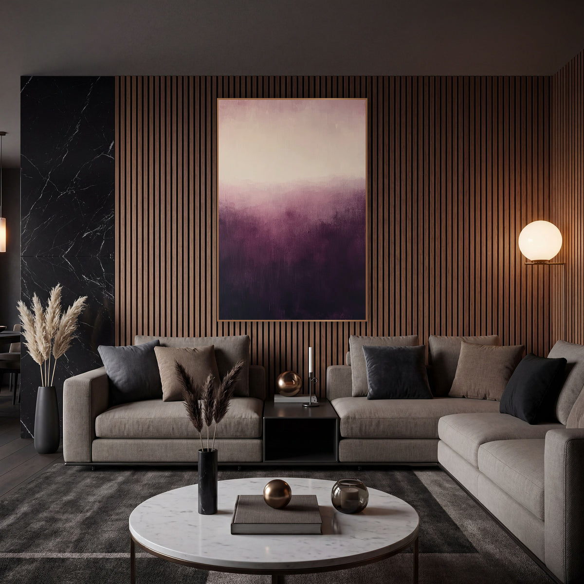 Aubergine Dusk Glow Abstract wall art in an elegant modern room – abstract artwork with deep aubergine fading upward