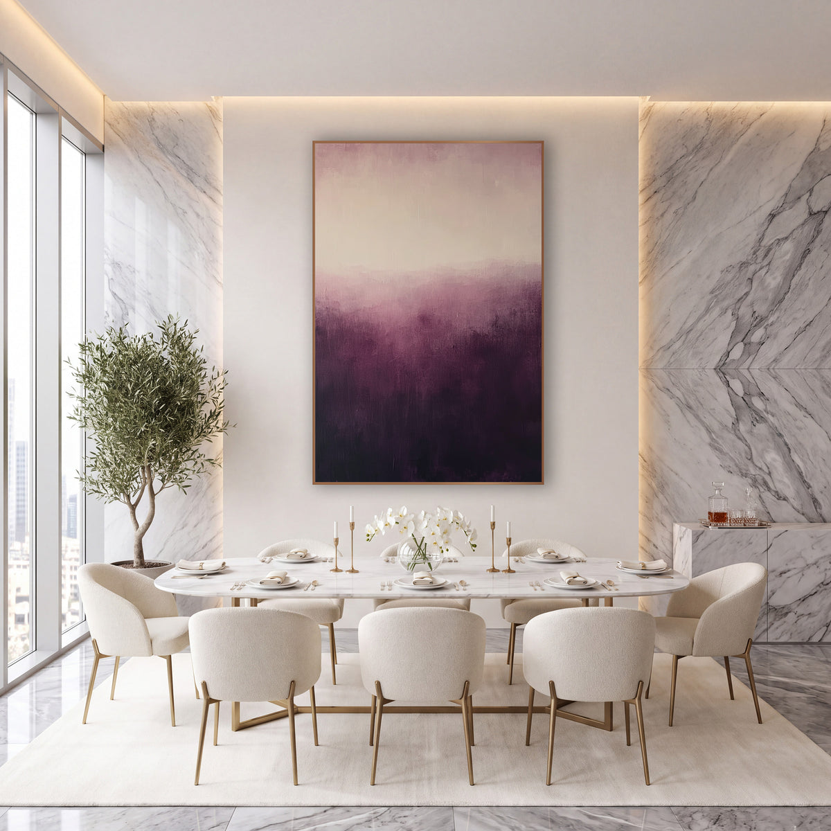 Aubergine Dusk Glow Abstract wall art in an elegant modern room – abstract artwork with deep aubergine fading upward