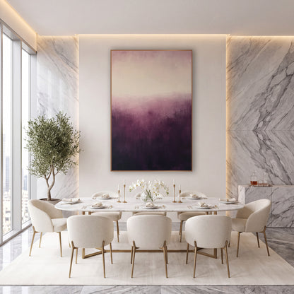 Aubergine Dusk Glow Abstract wall art in an elegant modern room – abstract artwork with deep aubergine fading upward