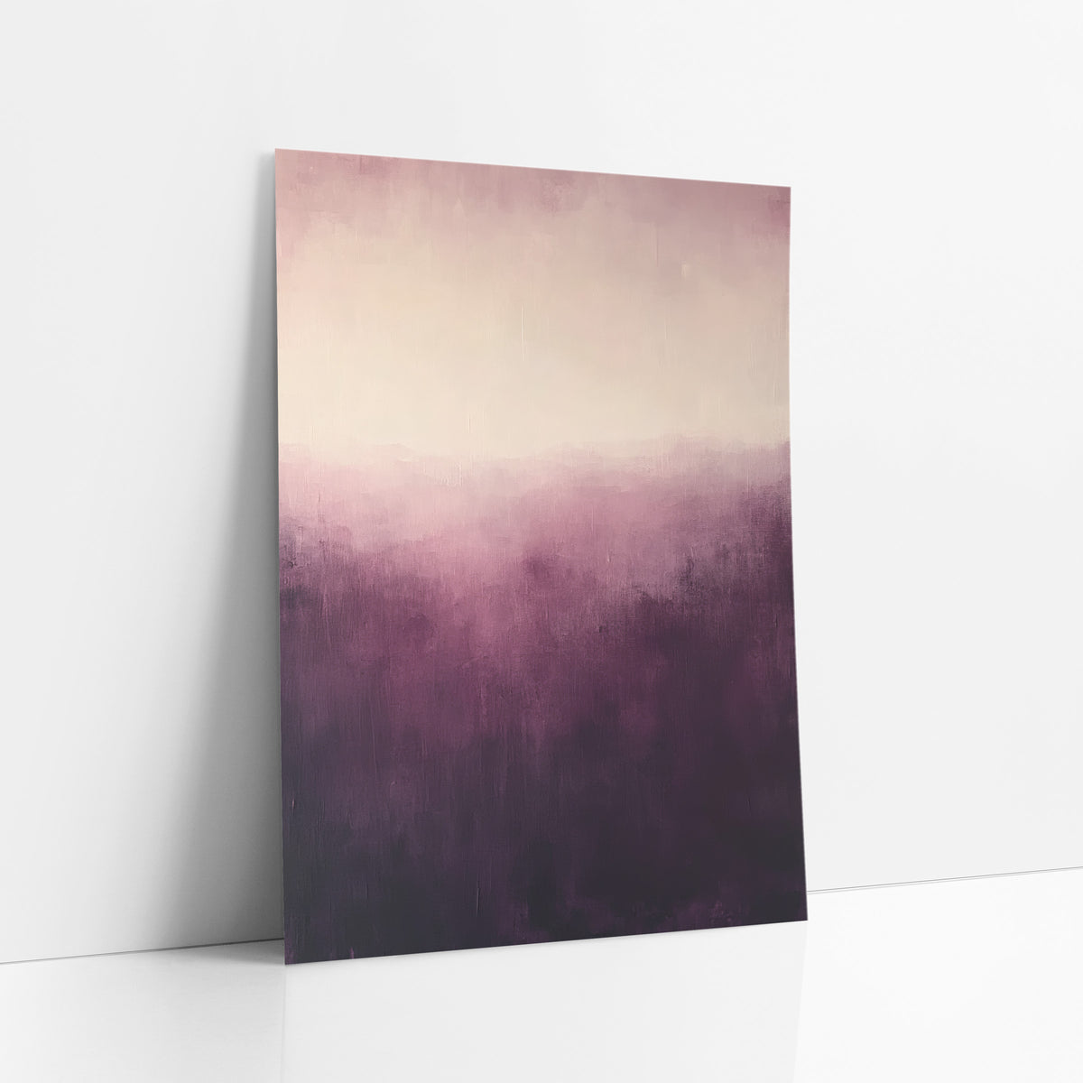 Aubergine Dusk Glow Abstract art print leaning against a white wall – abstract artwork with deep aubergine fading upward