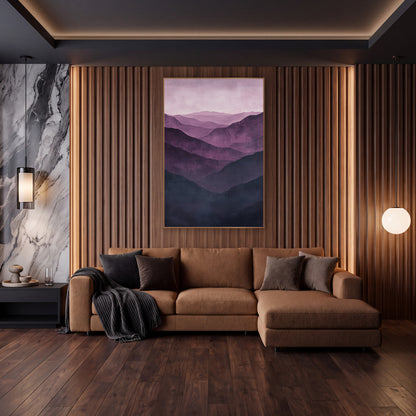 Aubergine Pine Ridges Mist wall art in an elegant modern room – layered purple mountain ridges in aubergine and mauve