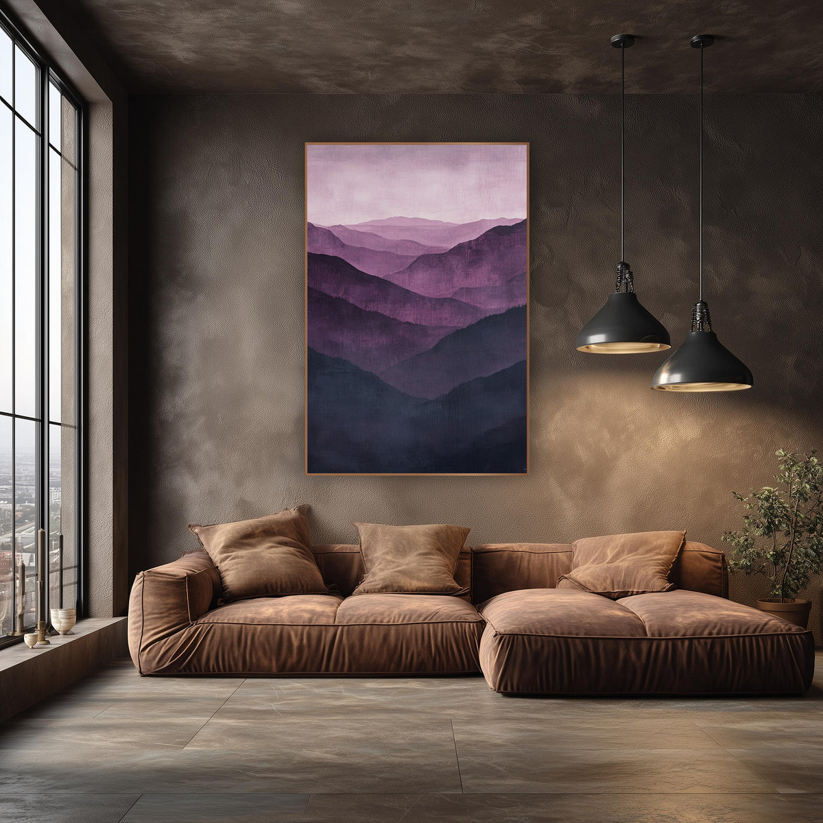 Aubergine Pine Ridges Mist wall art in an elegant modern room – layered purple mountain ridges in aubergine and mauve