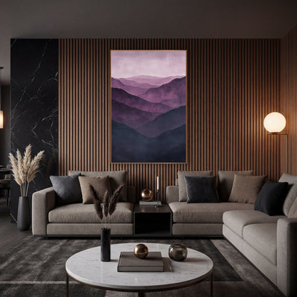 Aubergine Pine Ridges Mist wall art in an elegant modern room – layered purple mountain ridges in aubergine and mauve