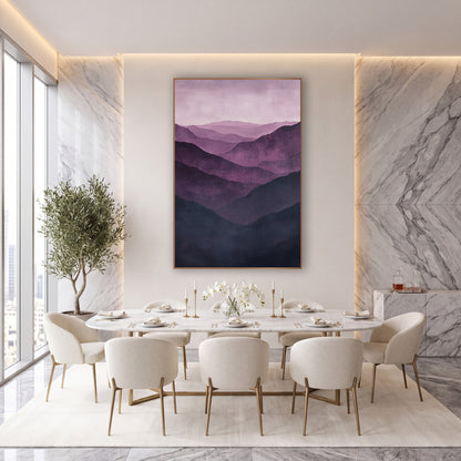Aubergine Pine Ridges Mist wall art in an elegant modern room – layered purple mountain ridges in aubergine and mauve