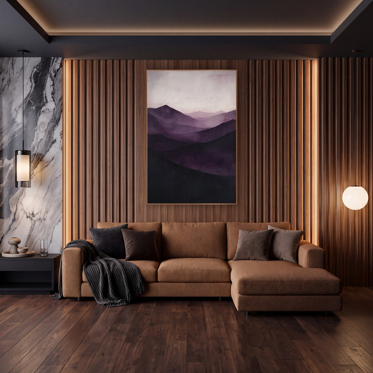 Aubergine Dark Peaks Dusk wall art in an elegant modern room – layered mountain ridges in deep aubergine and plum