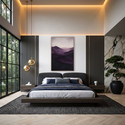 Aubergine Dark Peaks Dusk wall art in an elegant modern room – layered mountain ridges in deep aubergine and plum