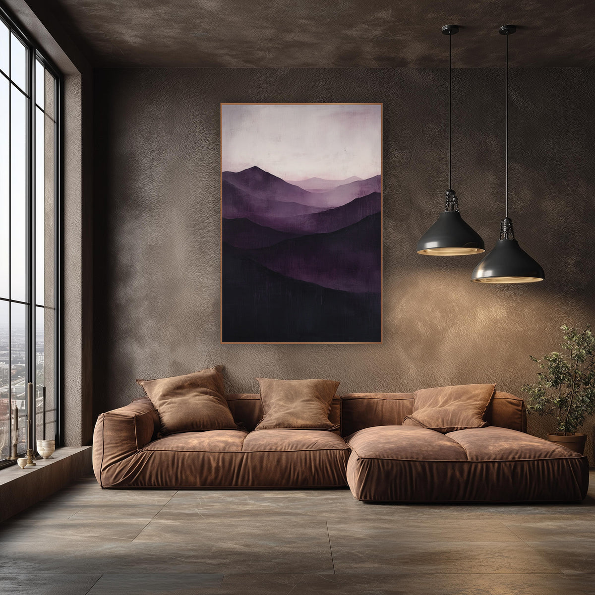 Aubergine Dark Peaks Dusk wall art in an elegant modern room – layered mountain ridges in deep aubergine and plum
