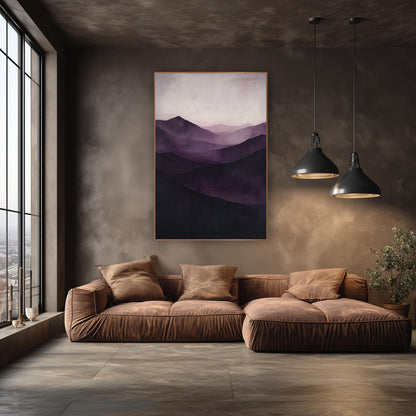 Aubergine Dark Peaks Dusk wall art in an elegant modern room – layered mountain ridges in deep aubergine and plum