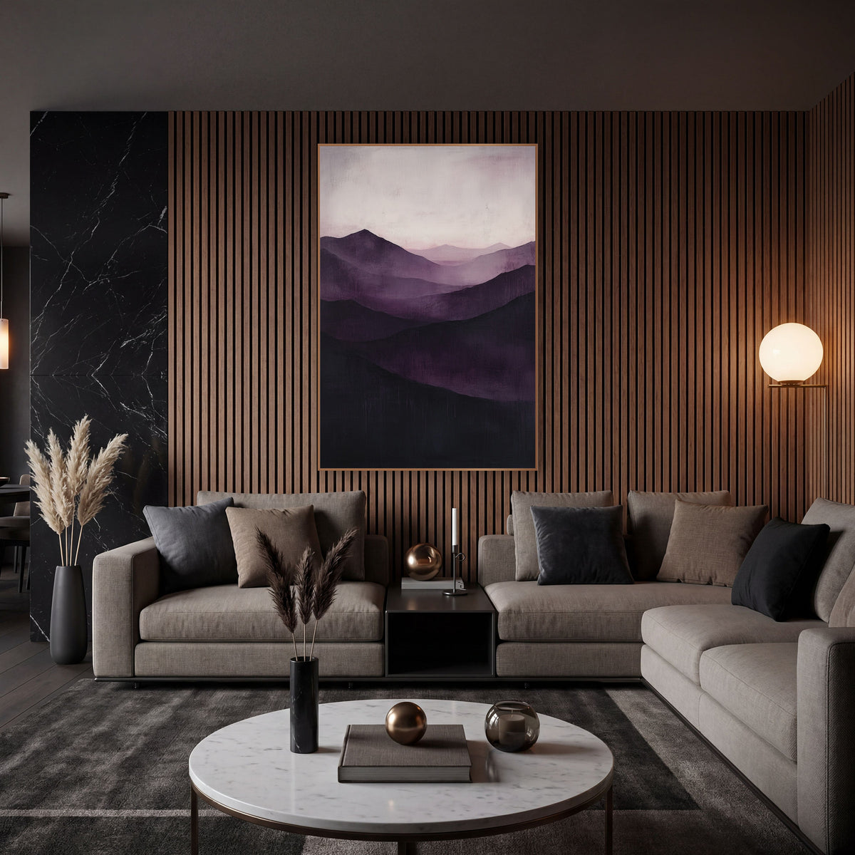 Aubergine Dark Peaks Dusk wall art in an elegant modern room – layered mountain ridges in deep aubergine and plum