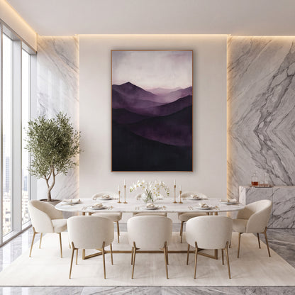 Aubergine Dark Peaks Dusk wall art in an elegant modern room – layered mountain ridges in deep aubergine and plum