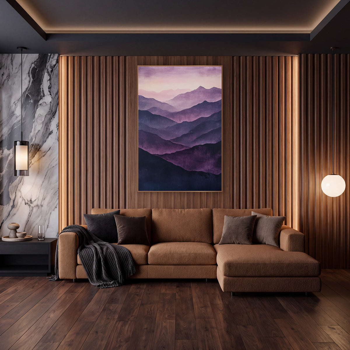 Aubergine Lavender Valleys Glow wall art in an elegant modern room – layered mountain ridges in aubergine, plum