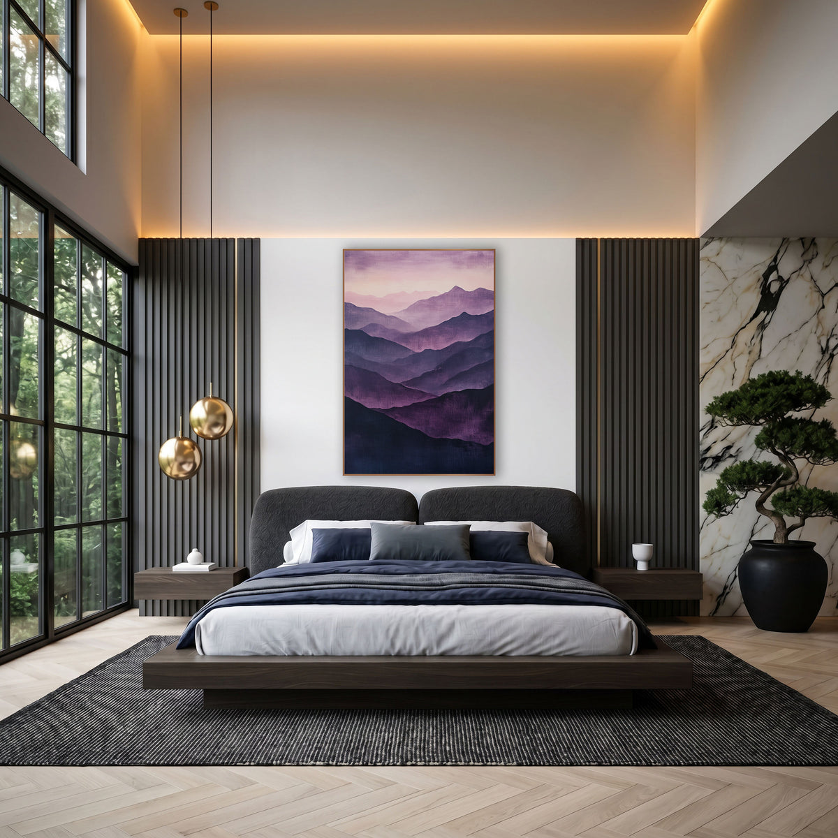 Aubergine Lavender Valleys Glow wall art in an elegant modern room – layered mountain ridges in aubergine, plum
