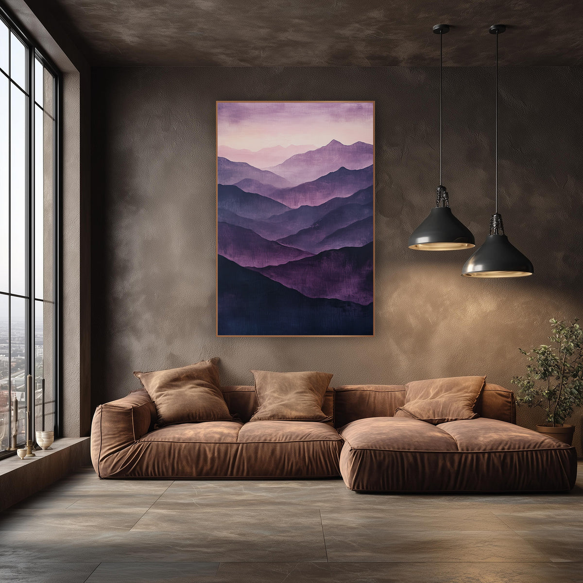Aubergine Lavender Valleys Glow wall art in an elegant modern room – layered mountain ridges in aubergine, plum