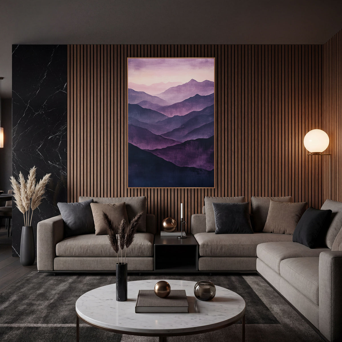Aubergine Lavender Valleys Glow wall art in an elegant modern room – layered mountain ridges in aubergine, plum