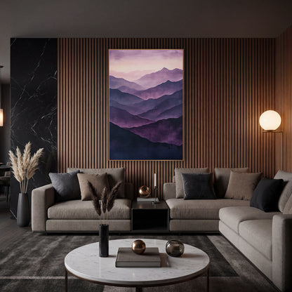Aubergine Lavender Valleys Glow wall art in an elegant modern room – layered mountain ridges in aubergine, plum