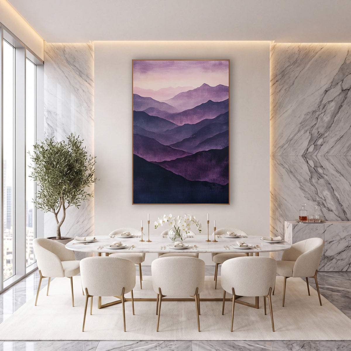 Aubergine Lavender Valleys Glow wall art in an elegant modern room – layered mountain ridges in aubergine, plum