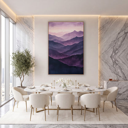Aubergine Lavender Valleys Glow wall art in an elegant modern room – layered mountain ridges in aubergine, plum