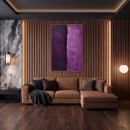 Aubergine Orchid Vertical Divide Abstract wall art in an elegant modern room – abstract artwork with dark aubergine