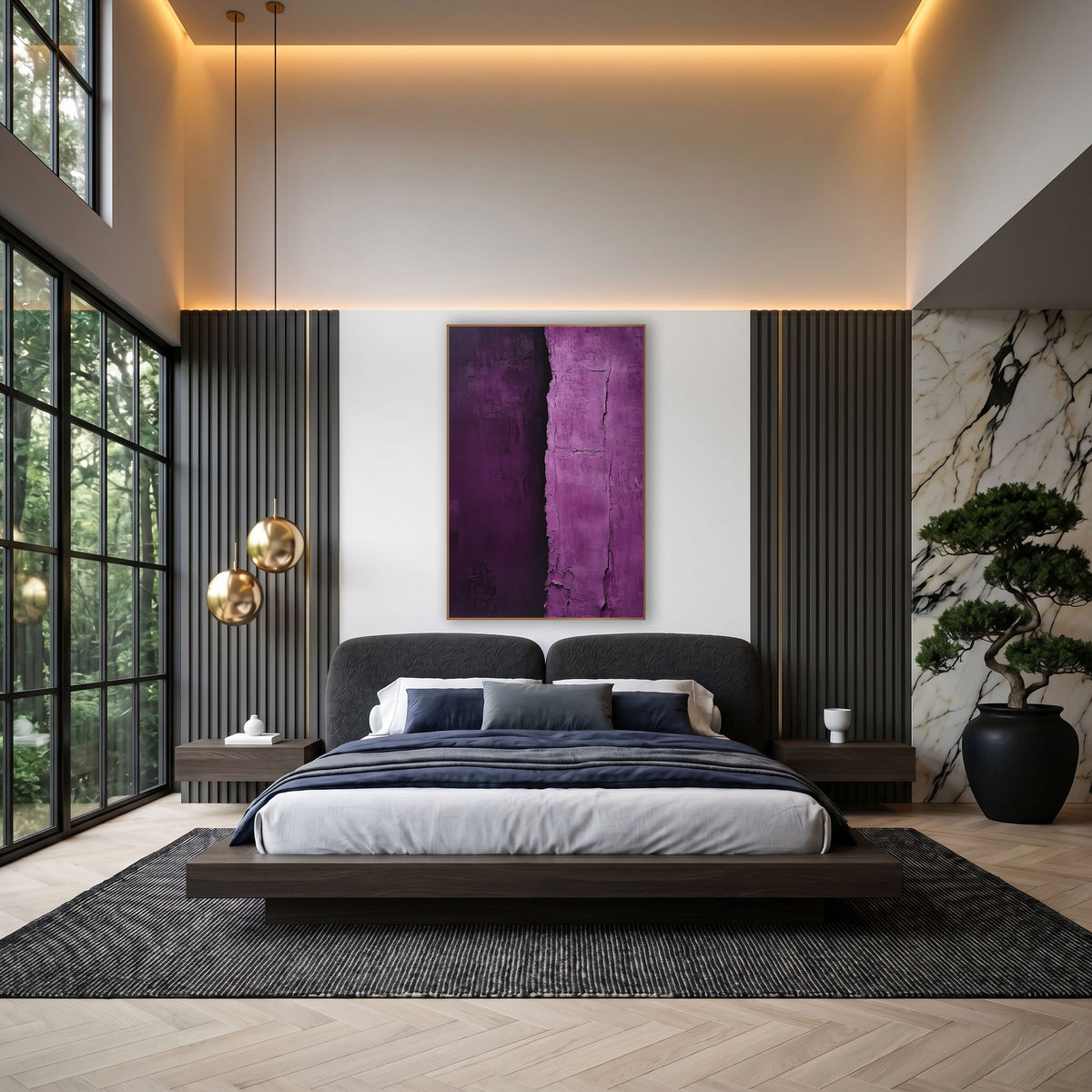 Aubergine Orchid Vertical Divide Abstract wall art in an elegant modern room – abstract artwork with dark aubergine