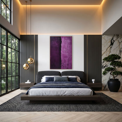 Aubergine Orchid Vertical Divide Abstract wall art in an elegant modern room – abstract artwork with dark aubergine