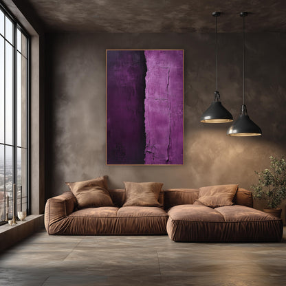 Aubergine Orchid Vertical Divide Abstract wall art in an elegant modern room – abstract artwork with dark aubergine