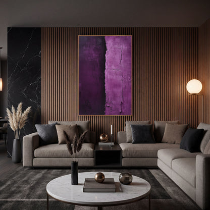 Aubergine Orchid Vertical Divide Abstract wall art in an elegant modern room – abstract artwork with dark aubergine