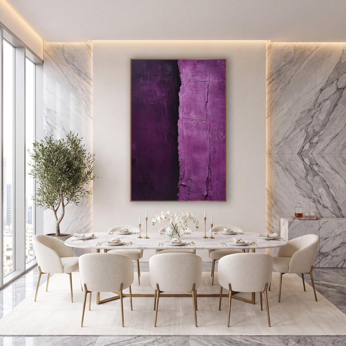 Aubergine Orchid Vertical Divide Abstract wall art in an elegant modern room – abstract artwork with dark aubergine