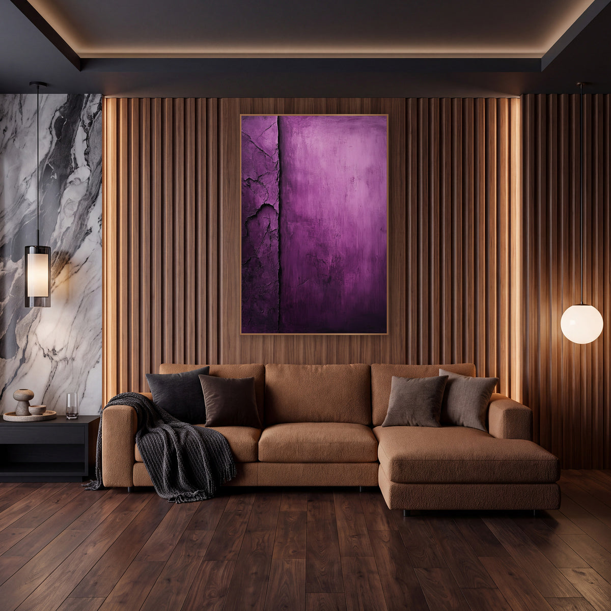 Aubergine Vertical Groove Abstract Minimalist wall art in an elegant modern room – abstract purple artwork with a dark