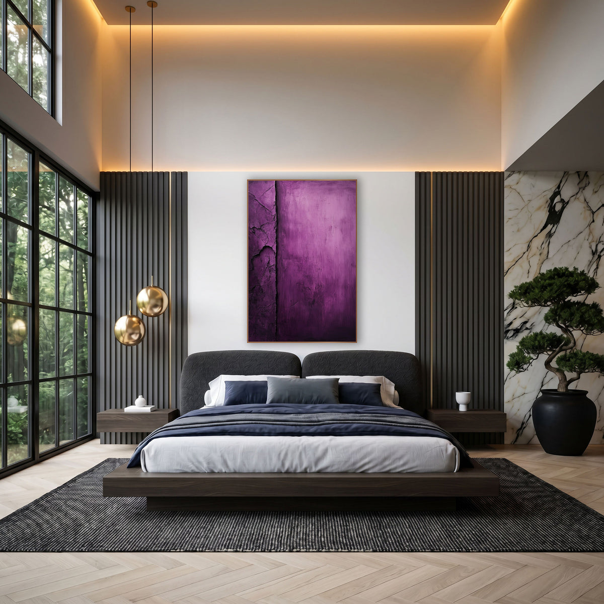 Aubergine Vertical Groove Abstract Minimalist wall art in an elegant modern room – abstract purple artwork with a dark