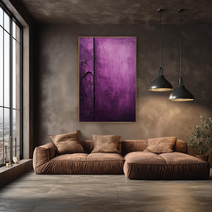 Aubergine Vertical Groove Abstract Minimalist wall art in an elegant modern room – abstract purple artwork with a dark