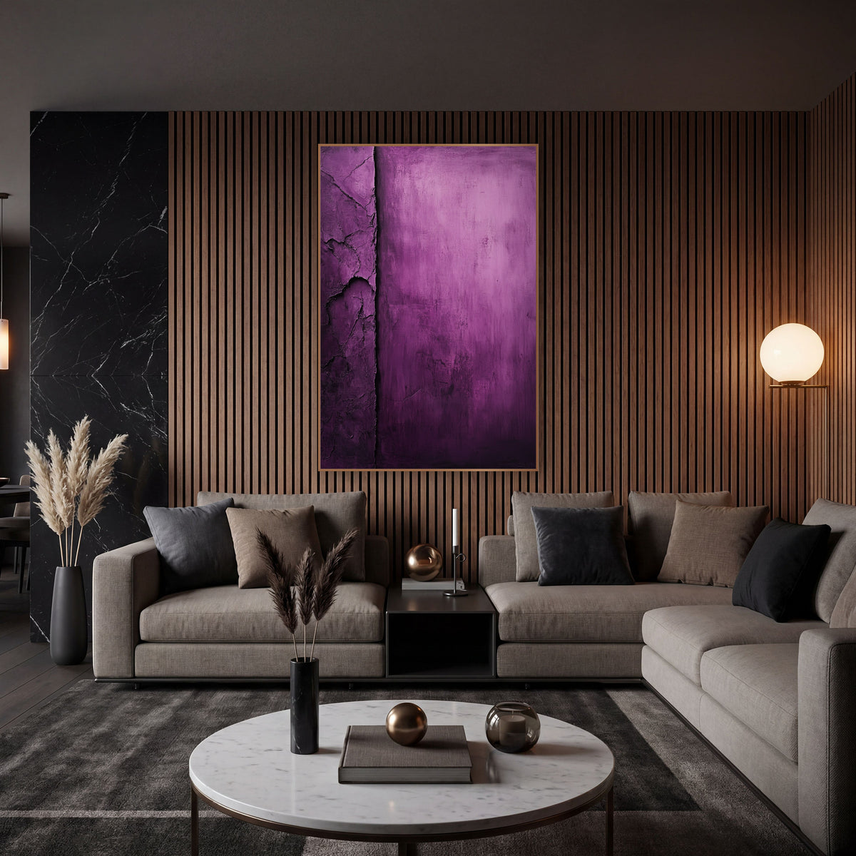 Aubergine Vertical Groove Abstract Minimalist wall art in an elegant modern room – abstract purple artwork with a dark