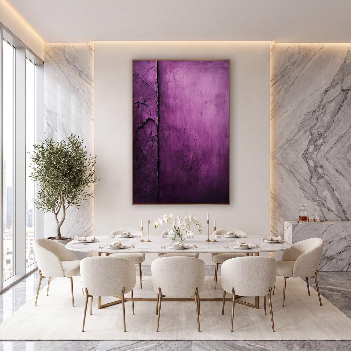 Aubergine Vertical Groove Abstract Minimalist wall art in an elegant modern room – abstract purple artwork with a dark