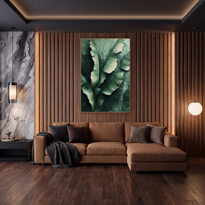 Torn Banana Leaves Luxe wall art in an elegant modern room – large green banana leaves with torn edges and cream