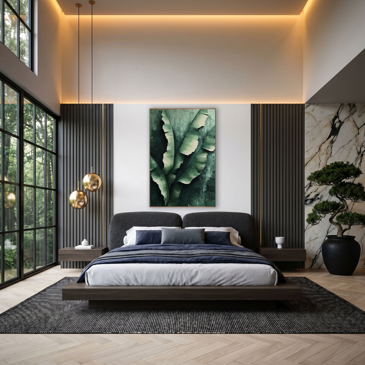 Torn Banana Leaves Luxe wall art in an elegant modern room – large green banana leaves with torn edges and cream
