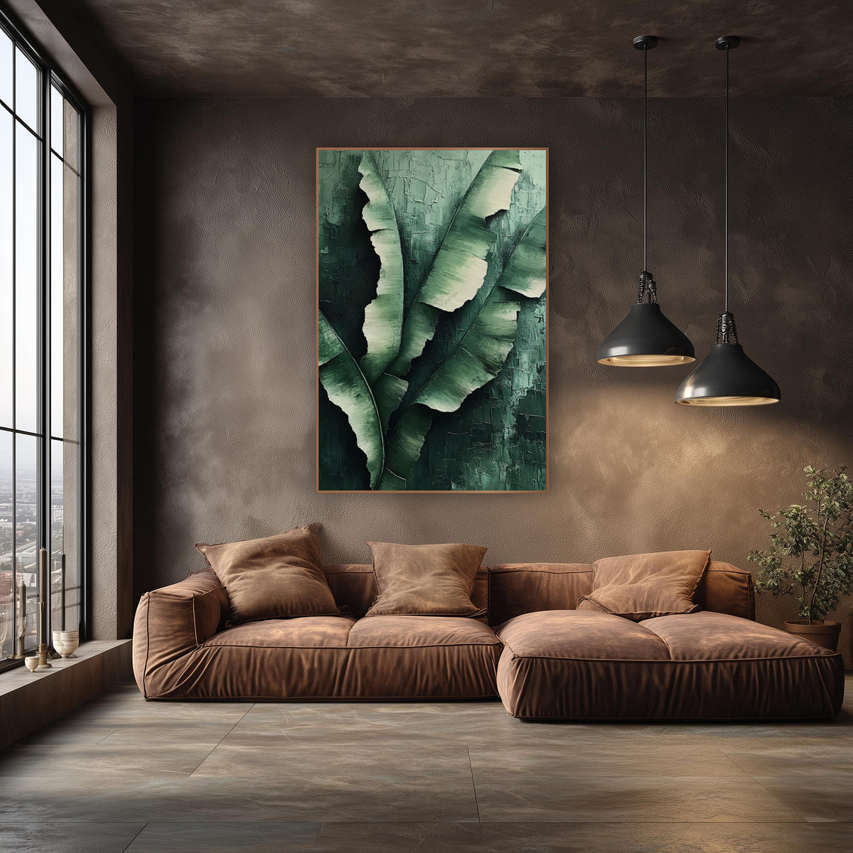 Torn Banana Leaves Luxe wall art in an elegant modern room – large green banana leaves with torn edges and cream