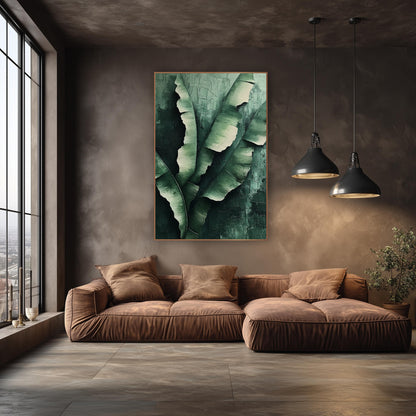 Torn Banana Leaves Luxe wall art in an elegant modern room – large green banana leaves with torn edges and cream
