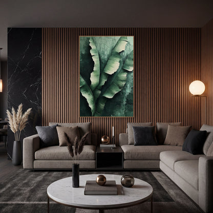 Torn Banana Leaves Luxe wall art in an elegant modern room – large green banana leaves with torn edges and cream