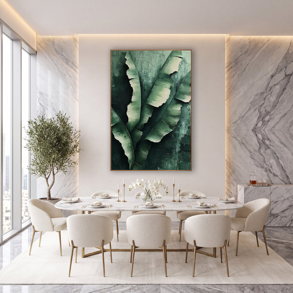 Torn Banana Leaves Luxe wall art in an elegant modern room – large green banana leaves with torn edges and cream
