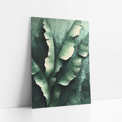 Torn Banana Leaves Luxe art print leaning against a white wall – large green banana leaves with torn edges and cream