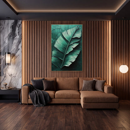 Emerald Banana Leaf Botanical Luxe wall art in an elegant modern room – large torn banana leaf in mint and emerald